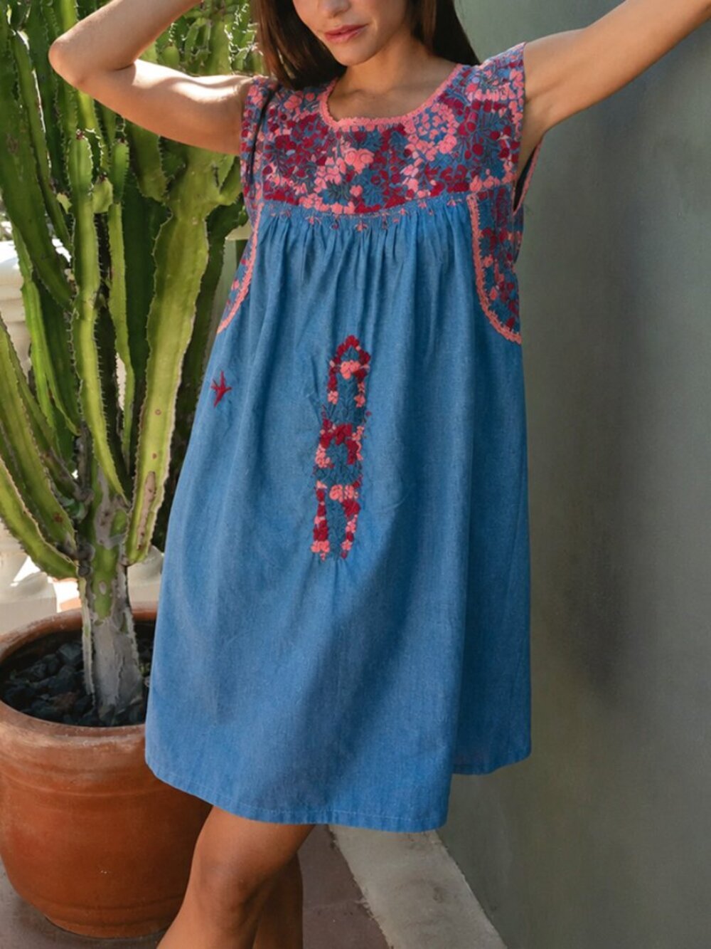 Mi Golondrino Flores Blue Cotton Embroidered Mini Dress Size XS